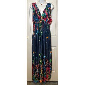 TianmeiHeyi Colorful Abstract Print Maxi Dress With V-Neck & Smocked Waist, 4XL